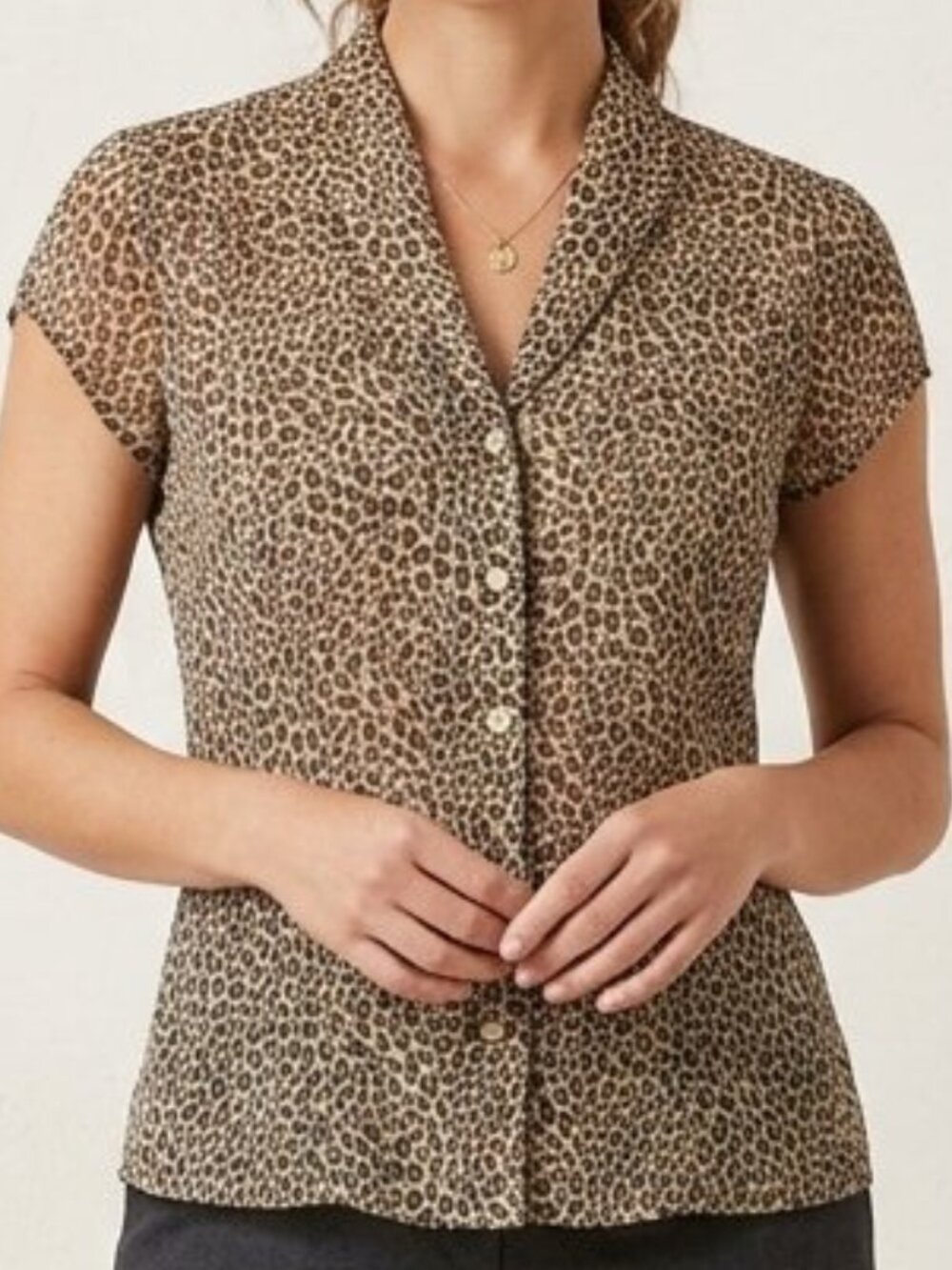 Kate Hill Silk Animal Print Cap Short Sleeve Button Down Blouse Size 4P
